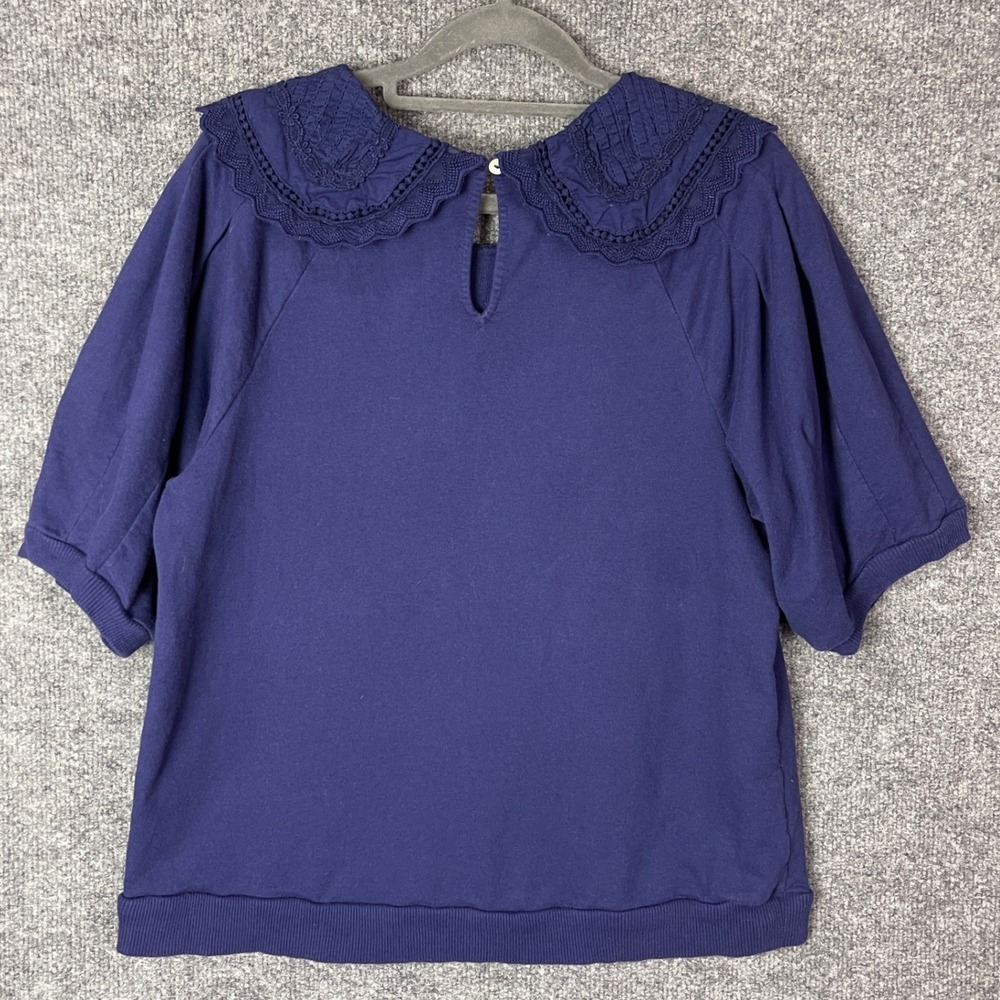 Maeve Anthropologie Top Womens Medium Blue Peter Pan Collar Lace Trim - Picture 2 of 8